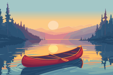 Rowing boat or canoe at a pier at beautiful sunset river vector backgroundのイラスト素材