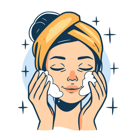 Girl washing face with water. Skin cleansing, beauty treatments, skin washing and moisturizing. Cosmetic skin care procedure icon. Vectorのイラスト素材