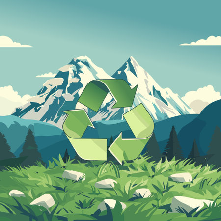 World environment day. Green energy. Concept design for poster with recycling sign and mountains, blue sky and green meadow on the background. Vector illustrationのイラスト素材