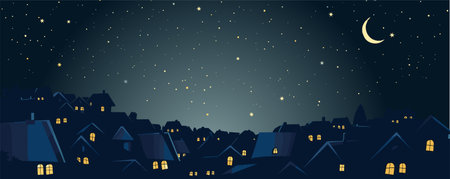 Vector illustration of the night sky, moon and glowing stars, silhouettes houses, cartoon night town. Travel conceptのイラスト素材
