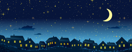 Vector illustration of the night sky, moon and glowing stars, silhouettes houses, cartoon night town. Travel conceptのイラスト素材