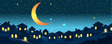 Vector illustration of the night sky, moon and glowing stars, silhouettes houses, cartoon night town. Travel conceptのイラスト素材