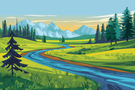 Beautiful mountains river landscape, clear water, mountain ridge, forest, meadow shores pine trees vectorのイラスト素材