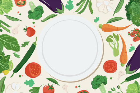 Rectangular banner with different flat vegetables around empty white plate. Vector cartoon illustrationのイラスト素材