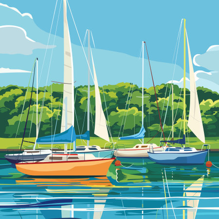 Boats are moored in the marina. Yachts moored in the harbor. Sea landscape with boats vectorのイラスト素材