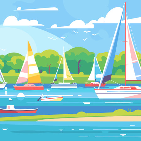 Boats are moored in the marina. Yachts moored in the harbor. Sea landscape with boats vectorのイラスト素材