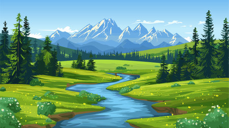 Beautiful mountains river landscape, clear water, mountain ridge, forest, meadow shores pine trees vectorのイラスト素材