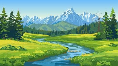 Beautiful mountains river landscape, clear water, mountain ridge, forest, meadow shores pine trees vectorのイラスト素材
