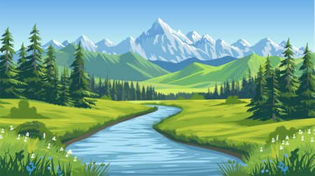 Beautiful mountains river landscape, clear water, mountain ridge, forest, meadow shores pine trees vectorのイラスト素材