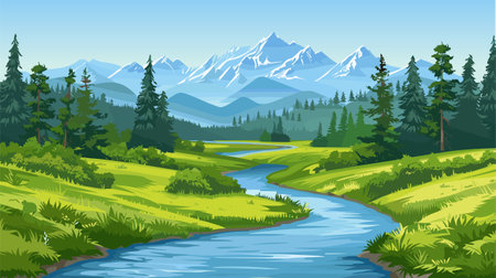 Beautiful mountains river landscape, clear water, mountain ridge, forest, meadow shores pine trees vectorのイラスト素材