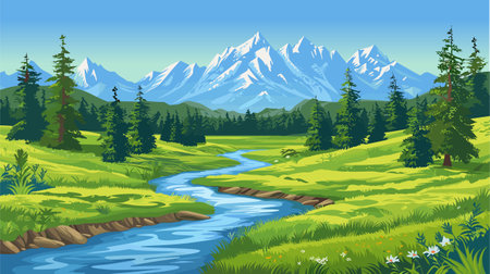 Beautiful mountains river landscape, clear water, mountain ridge, forest, meadow shores pine trees vectorのイラスト素材
