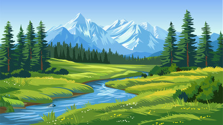 Beautiful mountains river landscape, clear water, mountain ridge, forest, meadow shores pine trees vectorのイラスト素材
