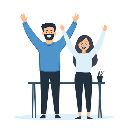Man and woman are jumping with joyful expressions. Hooray celebrating success welcome concept flat design vectorのイラスト素材