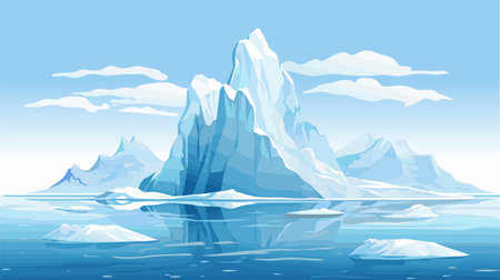 Drifting icebergs. Antarctic rocks panorama. Arctic glacier landscape. Northern waters with floating ice pieces. Global warming. Frozen chunks melting. Cold oceanのイラスト素材