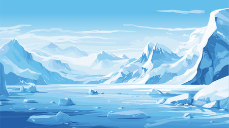 Arctic Alaska landscape with white mountains, snowy rocks, glaciers, ice. Northern nature scene vector cartoon illustrationのイラスト素材
