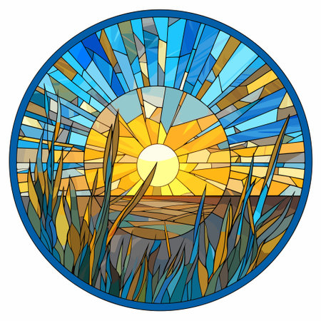 Sunset sunrise stained glass window. Vector illustration.のイラスト素材