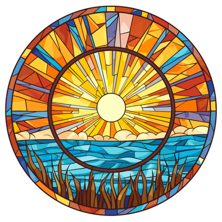 Sunset sunrise stained glass window. Vector illustration.のイラスト素材