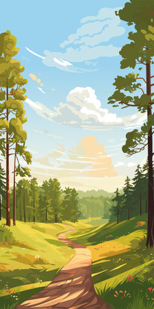 Beautiful landscape of a road running through a forest. A sunny summer day, serenity and happiness. Vector illustration.のイラスト素材