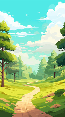 Beautiful landscape of a road running through a forest. A sunny summer day, serenity and happiness. Vector illustration.のイラスト素材