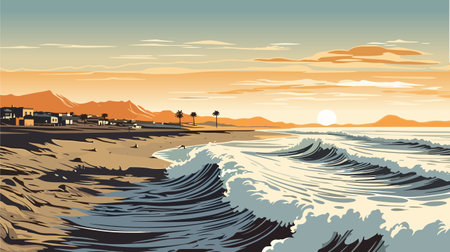 The waves roll in on the deserted sandy shore of the sea. Warm evening evening, beautiful landscape wallpaper, vector illustrationのイラスト素材