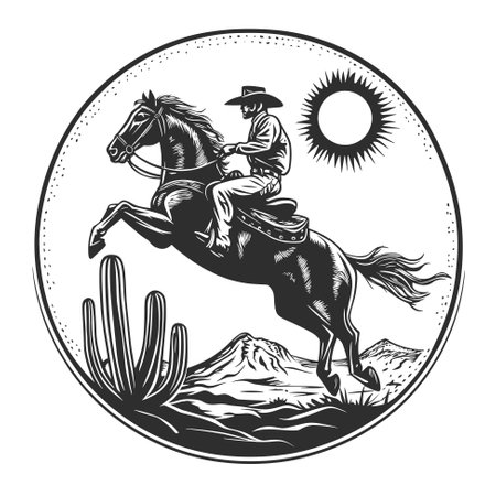 Mexican desert, cowboy on horseback jumping over big cactus. Black and white vector illustration in vintage style.のイラスト素材