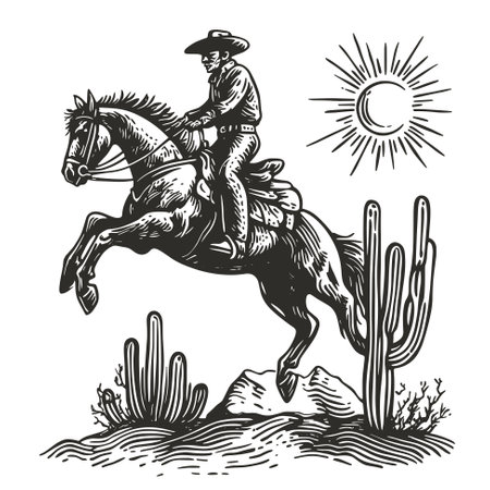 Mexican desert, cowboy on horseback jumping over big cactus. Black and white vector illustration in vintage style.のイラスト素材