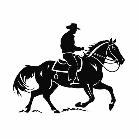 Silhouette of a cowboy riding a horse. Black and white vector illustration.のイラスト素材