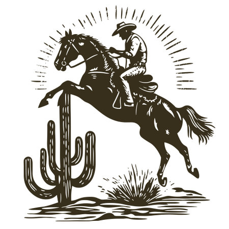Mexican desert, cowboy on horseback jumping over big cactus. Black and white vector illustration in vintage style.のイラスト素材