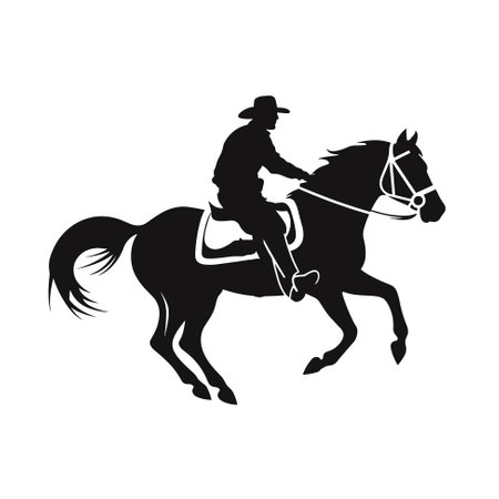 Silhouette of a cowboy riding a horse. Black and white vector illustration.のイラスト素材
