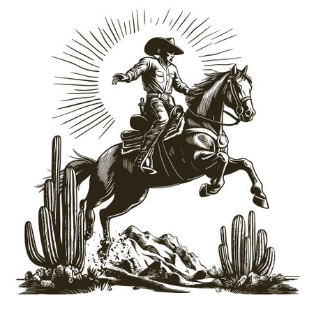 Mexican desert, cowboy on horseback jumping over big cactus. Black and white vector illustration in vintage style.のイラスト素材