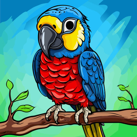 Cartoon birds. Parrot red macaw sits on the tree branch and smiles.のイラスト素材