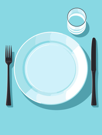 Table setting set. Fork, Knife, empty plate, glass of water. Cutlery Catering vector illustration. Dinner etiquette.のイラスト素材