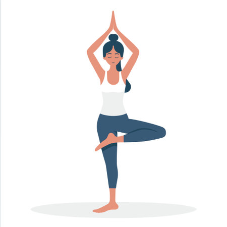 Beautiful girl with a bun hairstyle sitting in yoga pose. Meditating and yoga. International yoga day. Female doing yoga. Vector illustrationのイラスト素材