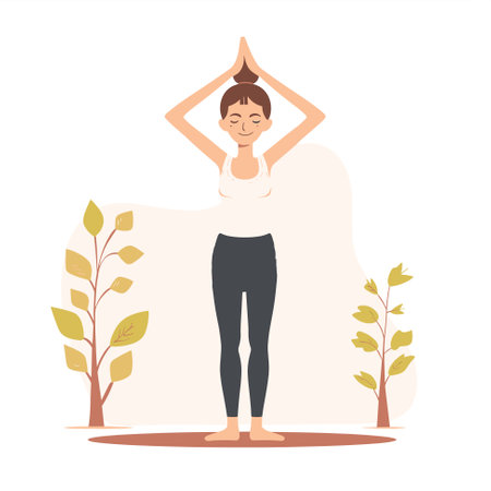 Beautiful girl with a bun hairstyle sitting in yoga pose. Meditating and yoga. International yoga day. Female doing yoga. Vector illustrationのイラスト素材