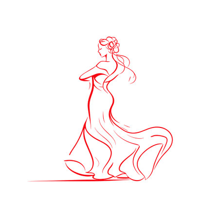 Flamenco dancer. Woman dancing flamenco in Spanish traditional dress. Vector outline illustrationのイラスト素材