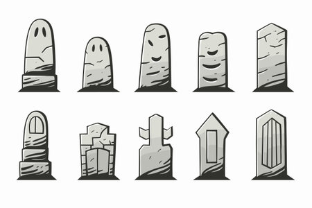 Set of empty tombstone collection, halloween Gravestones set. Old Tomb Collection. Ancient RIP for Halloween, cemetery or tomb, dead funeral concept, vector illustrationのイラスト素材
