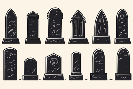Set of empty tombstone collection, halloween Gravestones set. Old Tomb Collection. Ancient RIP for Halloween, cemetery or tomb, dead funeral concept, vector illustrationのイラスト素材