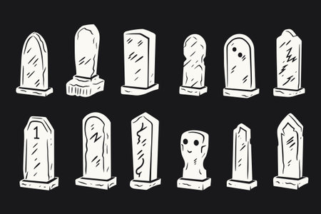 Set of empty tombstone collection, halloween Gravestones set. Old Tomb Collection. Ancient RIP for Halloween, cemetery or tomb, dead funeral concept, vector illustrationのイラスト素材