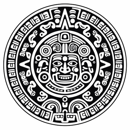 Aztec sun stone. Tattoo t-shirt design. Mayan calendar. Ancient hieroglyph signs and symbols. Mexican totem vector illustrationのイラスト素材