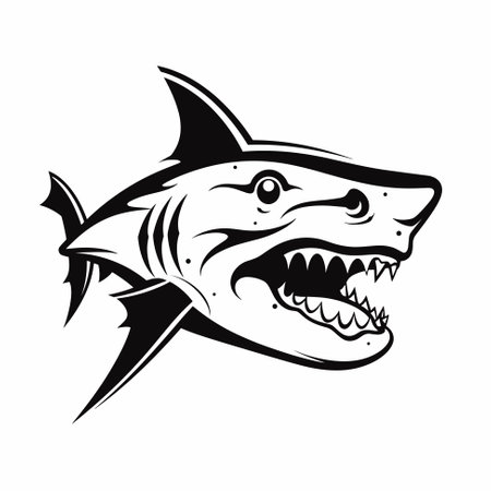 Vector illustration of shark with open mouth full of sharp teeth, isolated on a white background.のイラスト素材