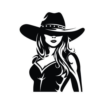 Cowgirl wearing hat  icon design black and white vector characterのイラスト素材
