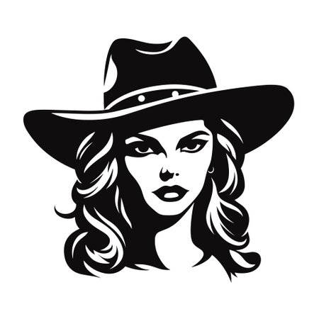Cowgirl wearing hat  icon design black and white vector characterのイラスト素材