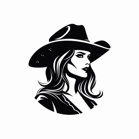Cowgirl wearing hat  icon design black and white vector characterのイラスト素材