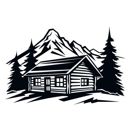 Rustic wooden hunting log cabin among pine trees against a mountain backdrop, vector illustrationのイラスト素材