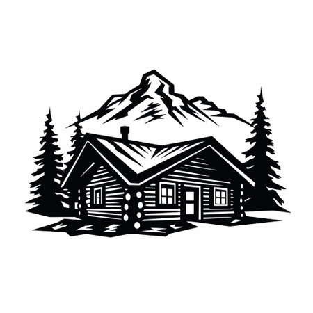 Rustic wooden hunting log cabin among pine trees against a mountain backdrop, vector illustrationのイラスト素材