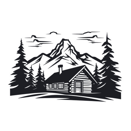 Rustic wooden hunting log cabin among pine trees against a mountain backdrop, vector illustrationのイラスト素材