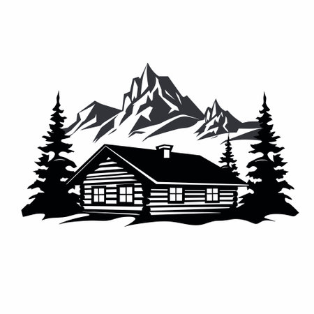 Rustic wooden hunting log cabin among pine trees against a mountain backdrop, vector illustrationのイラスト素材