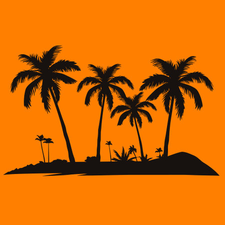 Silhouetted coconut palm trees at the beach vector illustration. Summer traveling and party at the beach concept flat designのイラスト素材
