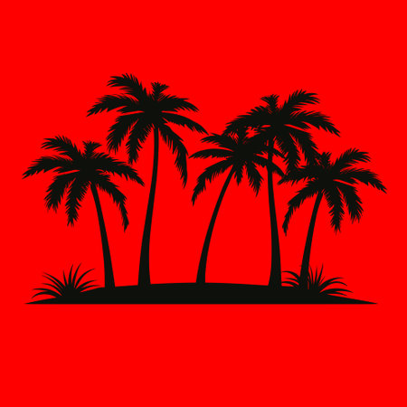 Silhouetted coconut palm trees at the beach vector illustration. Summer traveling and party at the beach concept flat designのイラスト素材