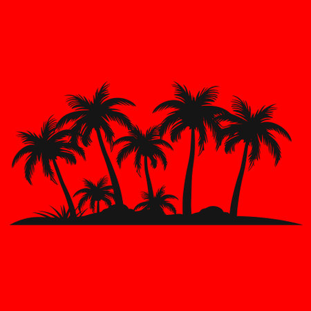 Silhouetted coconut palm trees at the beach vector illustration. Summer traveling and party at the beach concept flat designのイラスト素材